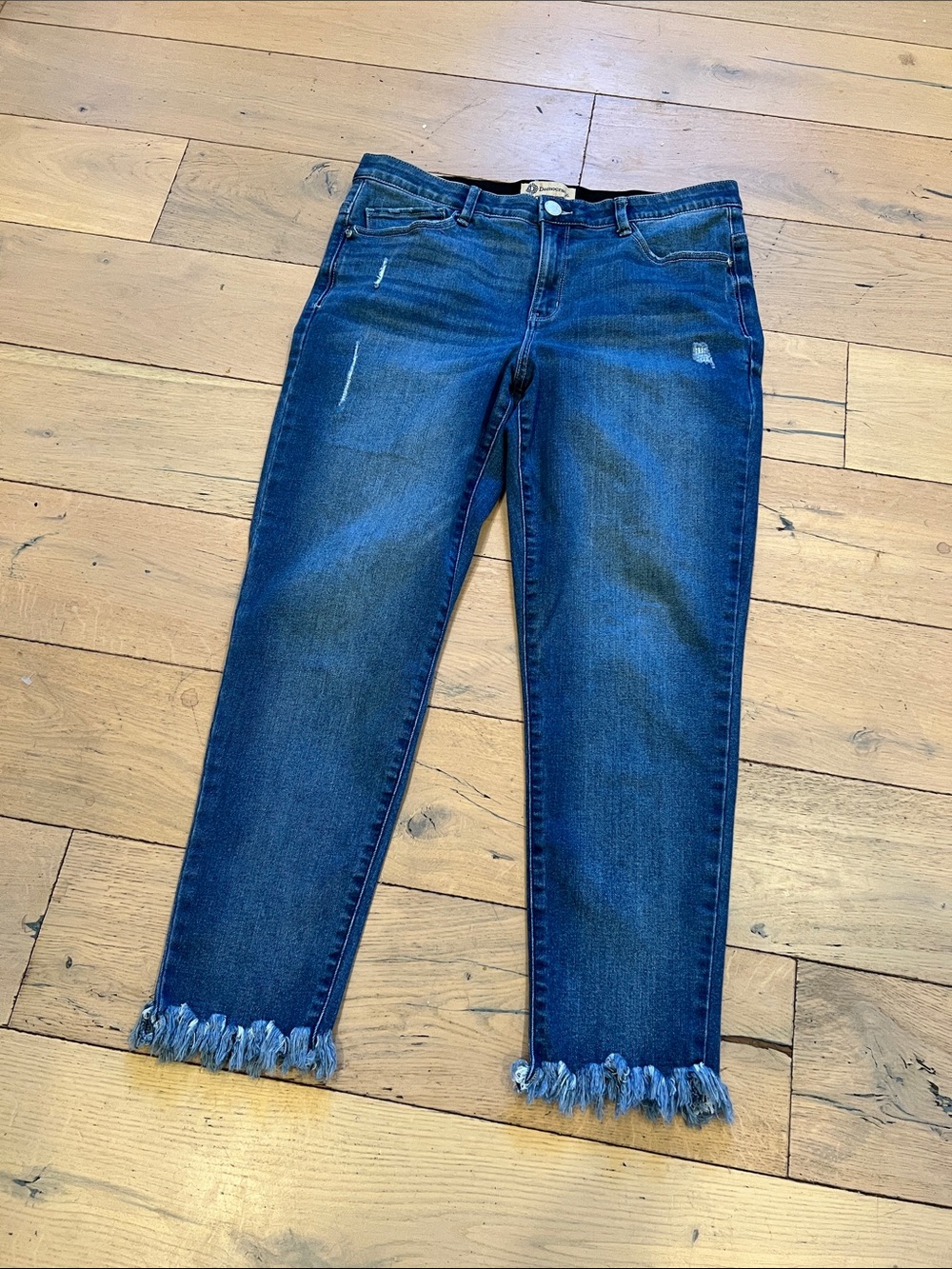 Democracy Dark Blue Distressed Ankle Jeans with Frayed Hem